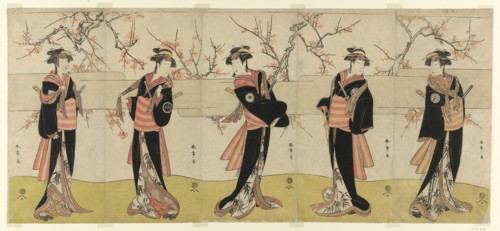 The Actors Segawa Kikunojo III as Karigane Obun, Nakayama Tomisaburo I as An no Oyasu..., c. 1792. Creator: Shunsho.