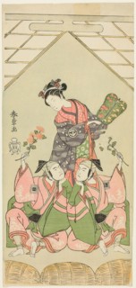 The Actors Segawa Kikunojo II as the Wet Nurse Reizei, Ichikawa Komazo I as Suruga no..., c. 1768. Creator: Shunsho.