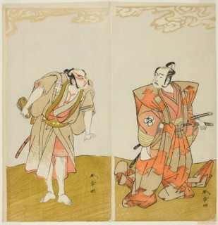 The Actors Bando Mitsugoro I as Hata no Kawakatsu (right), and Otani Hiroemon III as..., c. 1773. Creator: Shunsho.