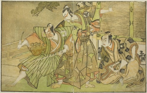 The Actors Ichikawa Komazo II as Minamoto no Yorimasa (right), Matsumoto Koshiro II as..., c. 1772. Creator: Shunsho.