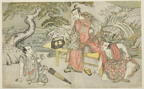 The Actors Tomizawa Hanzaburo II as Nagoya Sanzaemon (often called Sanza) (right), Naka..., c. 1772. Creator: Shunsho.