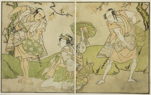 The Actors Ichikawa Somegoro (right), Segawa Kikunojo II (center), and Bando Sampachi..., c. 1772. Creator: Shunsho.