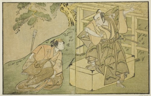 The Actors Onoe Matsusuke I as Akaboshi Taro (right), and Azuma Tozo II as Shirotae..., c. 1772. Creator: Shunsho.