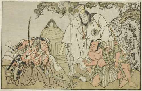 The Actors Nakajima Mihoemon II as Aramaki Mimishiro (right), Matsumoto Koshiro II as..., c. 1772. Creator: Shunsho.