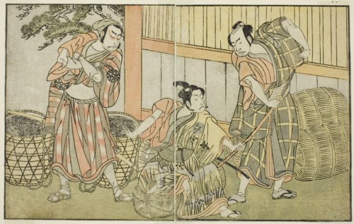 The Actors Kasaya Matakuro II as Hagun Taro (right), Ichikawa Monnosuke II as Izutsu no..., c. 1772. Creator: Shunsho.