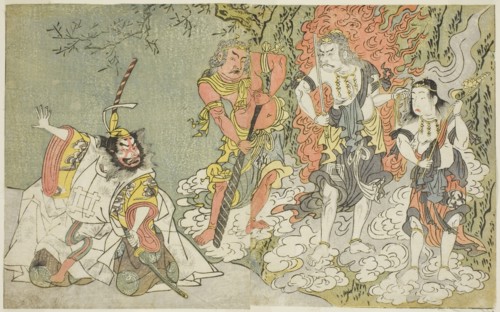 The Actors Sawamura Kijuro I as Ikazuchi Shinno, Prince of Thunder (far left), Ichik..., c. 1771/72. Creator: Shunsho.
