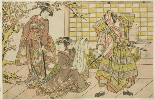 The Actors Ichikawa Danjuro V as Miura Kunitae (right), Segawa Kikunojo III as Yasukata..., c. 1782. Creator: Shunsho.