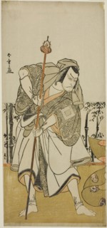 The Actor Ichikawa Danjuro V as Taira no Masakado Disguised as the Pilgrim Junjo in the..., c. 1777. Creator: Shunsho.