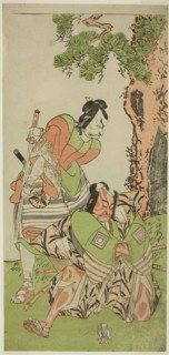 The Actors Ichikawa Danzo III as I no Hayata Tadazumi (right), and Matsumoto Koshiro II..., c. 1770. Creator: Shunsho.