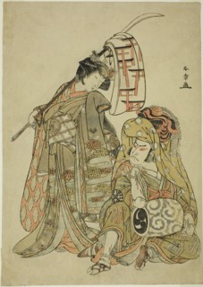 The Actors Nakamura Nakazo I as Onmaya Kisanda Dressed as Kakubei the Lion Dancer (Kaku..., c. 1777. Creator: Shunsho.