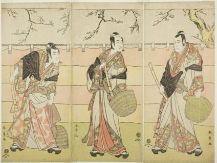 Three Komuso Monks: The Actors Ichikawa Ebizo (Danjuro V) as Kudo Suketsune (right)..., c. 1792. Creator: Shunsho.
