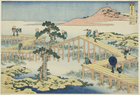 Ancient View of the Eight-planked Bridge in Mikawa Province (Mikawa no Yatsuhashi..., c. 1833/34. Creator: Hokusai.