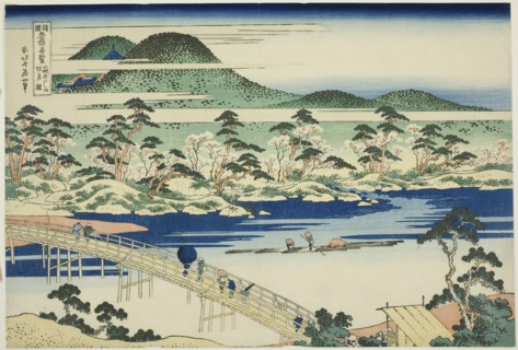 Togetsu Bridge at Arashiyama in Yamashiro Province (Yamashiro Arashiyama no Togetsuk..., c. 1833/34. Creator: Hokusai.
