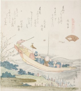 Ferry boat on the Sumida River, illustration for the Capital Shell (Miyako-gai), from the ..., 1821. Creator: Hokusai.