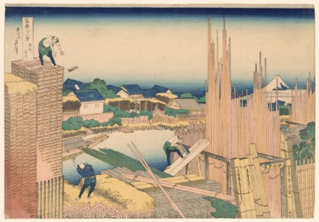 Tatekawa River Lumberyard at Honjo (Honjo Tatekawa), from the series "Thirty-six..., c. 1830/33. Creator: Hokusai.