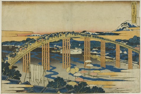 Yahagi Bridge at Okazaki on the Tokaido (Tokaido Okazaki Yahagi no hashi), from the..., c. 1833/34. Creator: Hokusai.