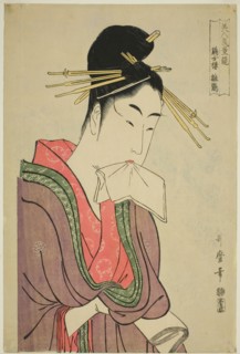 Hinazuru of the Keizetsuro, from the series "Comparing the Charms of Beauties (Bijin..., c. 1794/95. Creator: Kitagawa Utamaro.