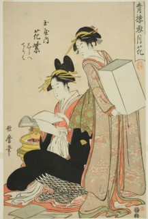 Hanamurasaki of the Tamaya, (kamuro:) Shirabe, Teriha, Flowers from the series Snow, Moon ..., 1793. Creator: Kitagawa Utamaro.