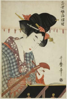 Turning a Shamisen (Shamisen no nejime), from the series "Chanting to Shamisen by..., c. 1804/06. Creator: Kitagawa Utamaro.