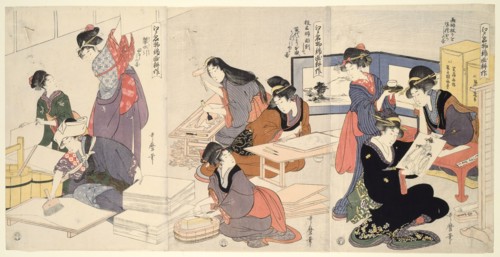 Artist, Block Carver, Applying Sizing (Eshi, hangashi, dosa-biki), from the series...,, About 1803. Creator: Kitagawa Utamaro.