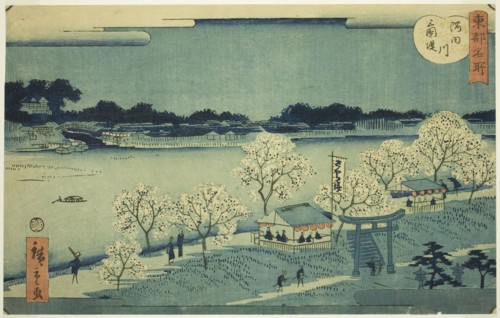 The Mimeguri Embankment on the Sumida River (Sumidagawa Mimeguri tsutsumi), from the serie..., 1862. Creator: Utagawa Hiroshige II.