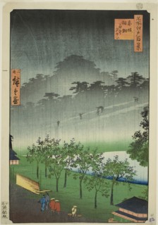 Night Rain at the Paulownia Grove at Akasaka (Akasaka Kiribatake uchu yukei), from the ser..., 1859. Creator: Utagawa Hiroshige II.