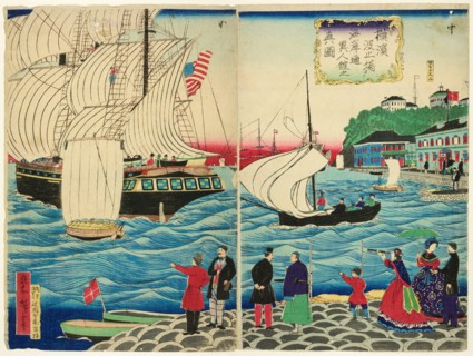True View of the Foreign Buildings along the Waterfront Seen from the Yokohama Wharves..., c. 1875. Creator: Utagawa Hiroshige II.