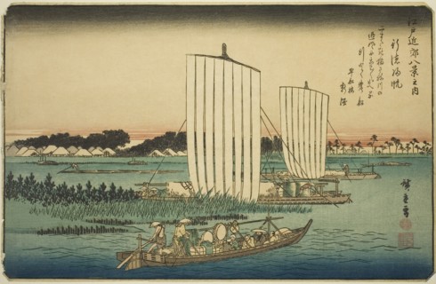 Returning Sails at Gyotoku (Gyotoku no kihan), from the series "Eight Views in the..., c. 1837/38. Creator: Ando Hiroshige.