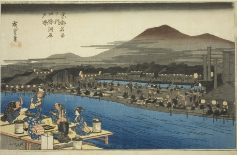Enjoying the Evening Cool on the Riverbed at Shijo (Shijogawara yusuzumi), from the..., c. 1834. Creator: Ando Hiroshige.