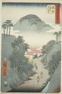 Okabe: Narrow Ivy-covered Road at Mount Utsu (Okabe, Utsu no yama tsuta no hosomichi), no...., 1855. Creator: Ando Hiroshige.