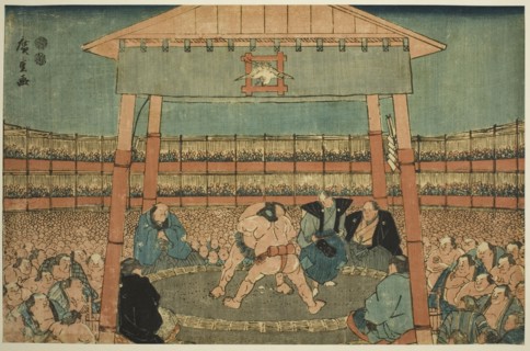 Sumo Match in the Precints of the Ekoin Temple (Ekoin keidai sumo no zu), from the..., c. 1847/52. Creator: Ando Hiroshige.