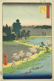 The Entwined Camphor Trees at Azuma Shrine (Azuma no mori Renri no azusa), from the series..., 1856. Creator: Ando Hiroshige.
