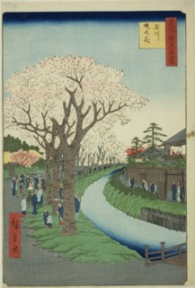 Blossoms on the Tama River Embankment (Tamagawa-zutsumi no hana), from the series..., 1856. Creator: Ando Hiroshige.