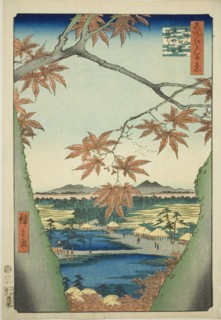 Maple Trees at Mama, Tekona Shrine and Tsugi Bridge (Mama no momiji, Tekona no yashiro, Ts..., 1857. Creator: Ando Hiroshige.
