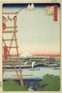 Ryogoku Ekoin and Moto-Yanagi Bridge (Ryogoku Ekoin Moto-Yanagibashi), from the series..., 1857. Creator: Ando Hiroshige.
