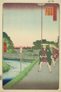 Distant View of Akasaka Reservoir from Kinokuni Slope (Kinokunizaka Akasaka Tameike enkei)..., 1857. Creator: Ando Hiroshige.
