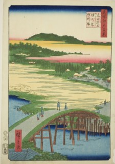Sugatami Bridge, Omokage Bridge and the Gravel Pit at Takata (Takata Sugataminohashi Omoka..., 1857. Creator: Ando Hiroshige.