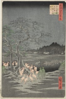 Fox Fires on New Year's Eve at the Changing Tree in Oji (Oji shozoku enoki omisoka no kits..., 1857. Creator: Ando Hiroshige.