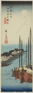 Misty Moonlight on the Shore at Tsukuda Island (Tsukudajima kaihen oborozuki), from..., c. 1835/38. Creator: Ando Hiroshige.
