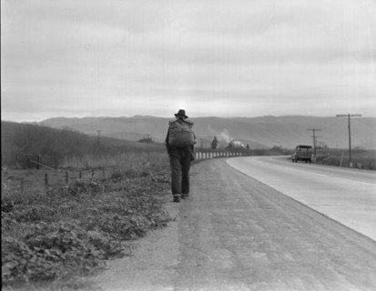 Bum blockade, all heading north, South of King City, California, 1936. Creator: Dorothea Lange.