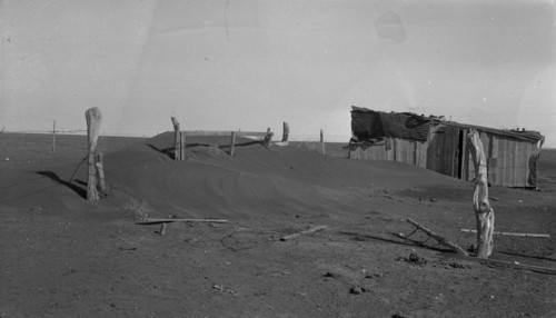 Fence corner and outbuilding being buried by dust, Mills, New Mexico, 1935. Creator: Dorothea Lange.