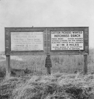 Employment signs in Spanish and English, near Fresno, California, 1933. Creator: Dorothea Lange.