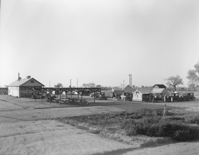 View of Kern migrant camp showing outdoor clubroom with protection from the sun, California, 1936. Creator: Dorothea Lange.