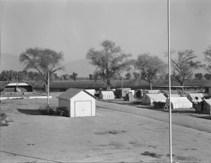 View of Kern migrant camp, community center at left, California, 1936. Creator: Dorothea Lange.