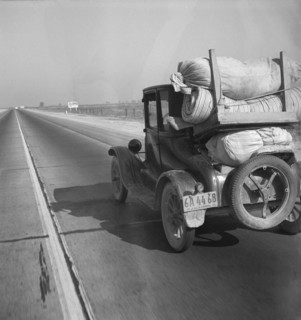 Drought refugee's car on U.S. Highway 99 between Bakersfield and Famoso, California, 1936. Creator: Dorothea Lange.
