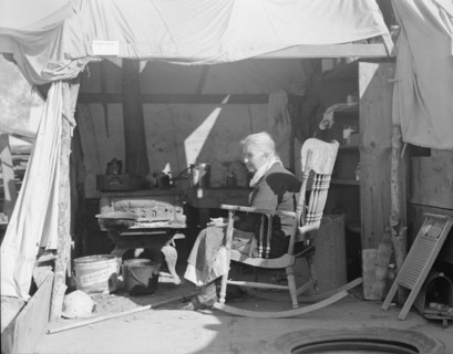 Aged woman from Oklahoma, Kern County migrant camp, California, 1936. Creator: Dorothea Lange.