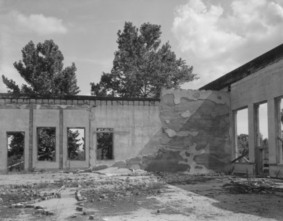 Some of the walls of the bank still stand at Fullerton, Louisiana, abandoned lumber town, 1937. Creator: Dorothea Lange.
