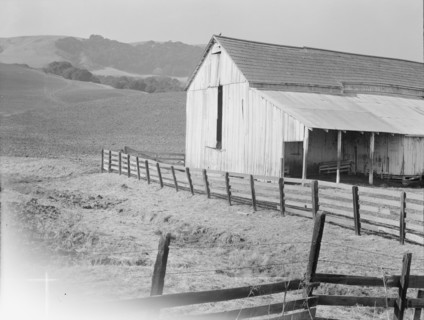 Cowbarn and hills, California dairy ranch, Contra Costa County, California, 1938. Creator: Dorothea Lange.
