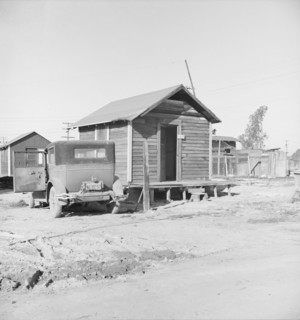 Newly-built cabins, rent five dollars per month, near Bakersfield, California , 1939. Creator: Dorothea Lange.