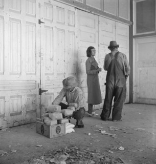 Outside the FSA grant office during pea harvest, Calipatria, California, 1939. Creator: Dorothea Lange.